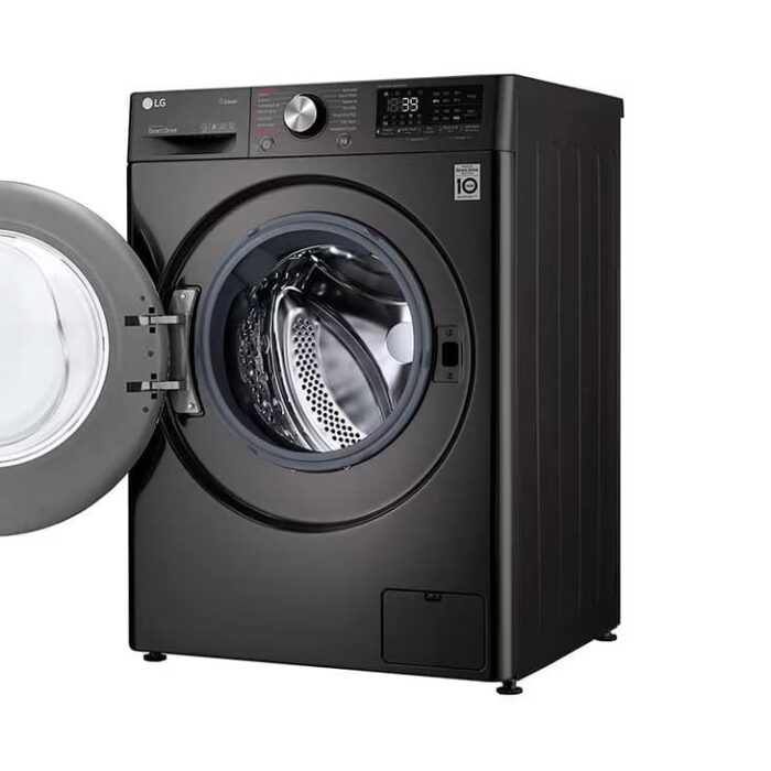 LG-F4R5VGG2E-Open-Door-Diagonal-View LG Washer Dryer Black Steel Open Door