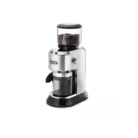 Studio portrait of the De'Longhi Dedica Conical Burr Coffee Grinder (KG520.M / KG521.M) in brushed stainless steel, featuring a clear 350-gram bean hopper filled with coffee beans, 18 adjustable grind settings, and a removable ground coffee storage container.