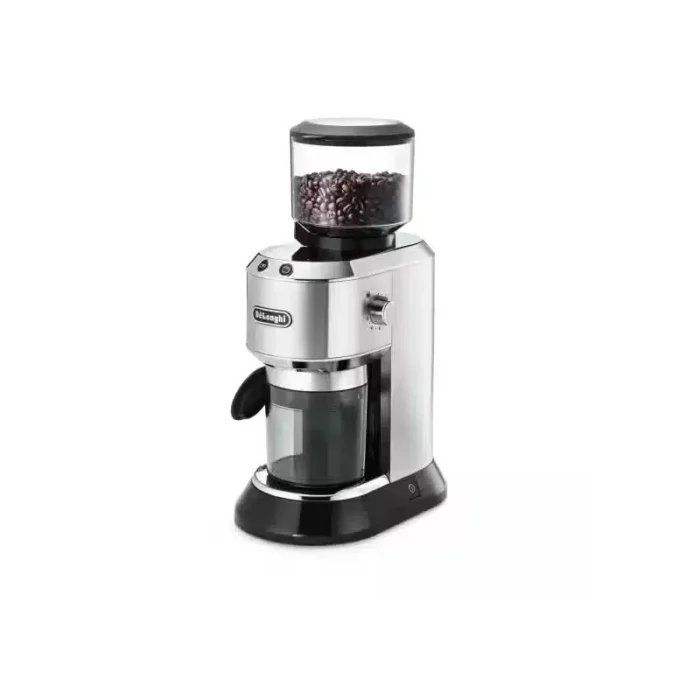 KG520M-1 Studio portrait of the De'Longhi Dedica Conical Burr Coffee Grinder (KG520.M / KG521.M) in brushed stainless steel, featuring a clear 350-gram bean hopper filled with coffee beans, 18 adjustable grind settings, and a removable ground coffee storage container.